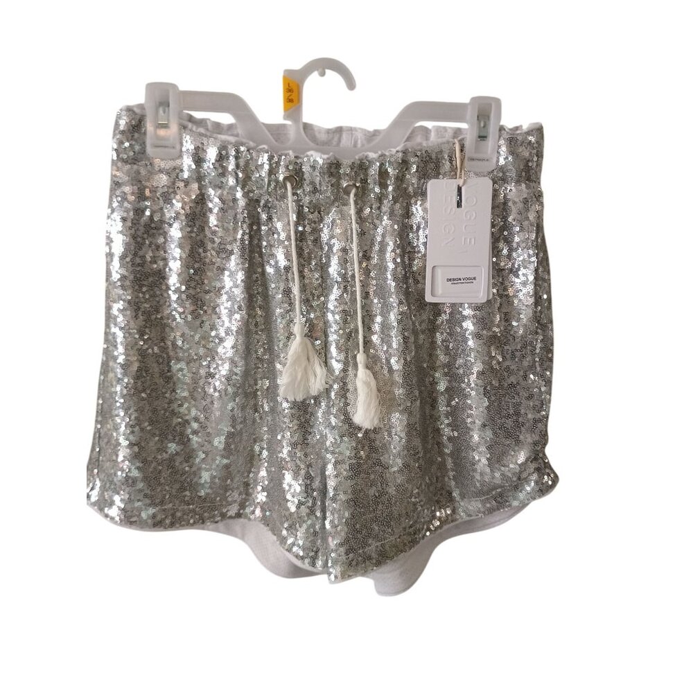 Design Vogue Silver Sequin Womens‎ Shorts XL 95% Polyester 5% Spandex